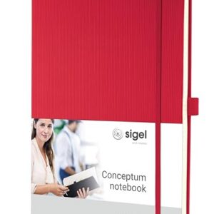 SIGEL CO645 Premium Notizbuch A4 liniert rot, Hardcover, 194 nummerierte Seiten, nachhaltiges Papier, mit Inhaltsverzeichnis, Stiftschlaufe, Falttasche, Gummibandverschluss, Conceptum