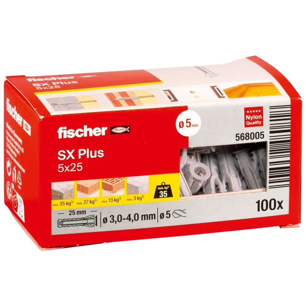 fischer - Cheville nylon à expansion SX Plus 5x25 avec collerette, tous matériaux/Boite de 100
