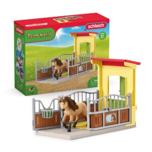 Schleich 42609 Box avec Poney Icelandais - Extension Ferme Educative, dès 3 Ans, Farm World - Coffret, 4 pièces