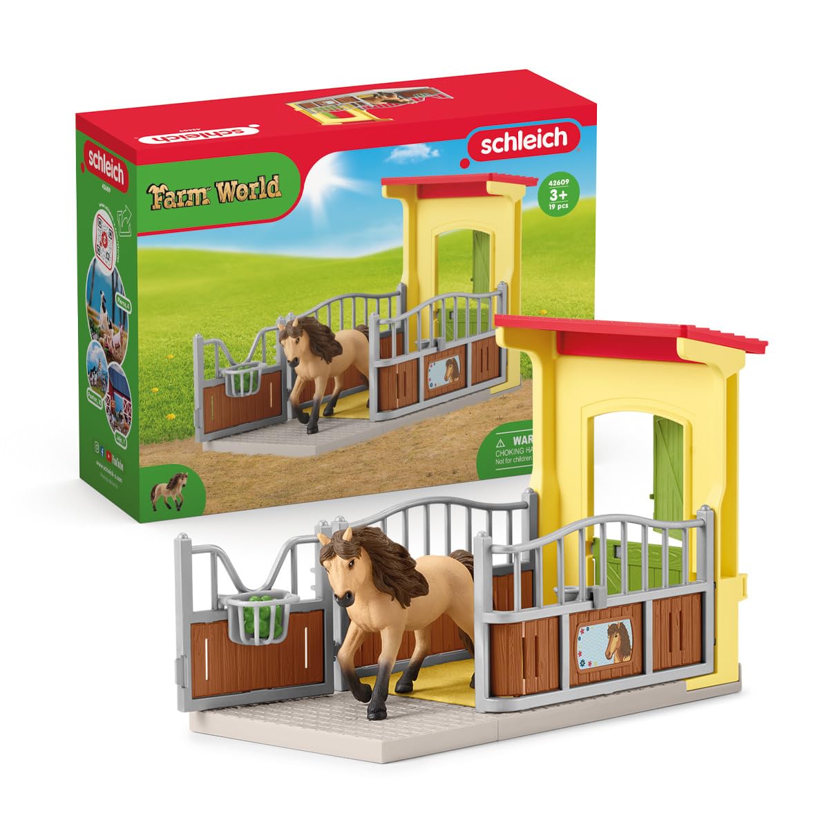 Schleich 42609 Box avec Poney Icelandais - Extension Ferme Educative, dès 3 Ans, Farm World - Coffret, 4 pièces