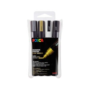 POSCA Mitsubishi Pencil - 4 Marqueurs PC5M - Couleurs Métalliques - Pointe Conique Pointe Moyenne - Marqueurs Peinture à Base d'Eau - Tout Support - Pour Papier, Textile, Verre, Galet, Bois