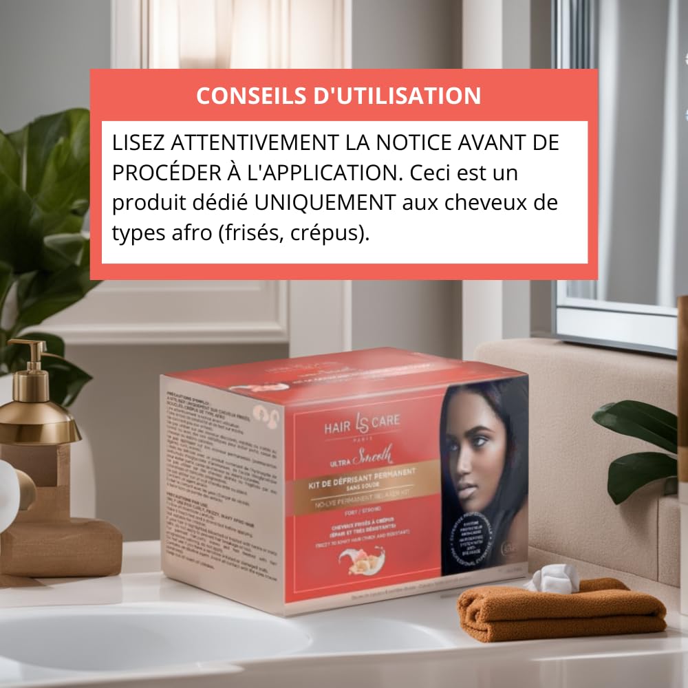 Kit de Défrisage cheveux Afro sans Soude 4 en 1 - Défrisage Cheveux crépus épais et résistants - Au Beurre de Karité et kératine - Crème défrisante + lotion activatrice + shampoing + soin hydratant – Image 2