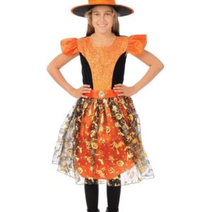 P'TIT CLOWN - Costume Sorcière Fille - Doré - Robe, Chapeau - Déguisement Halloween Enfant - Cosplay, Fêtes Costumées et Évènements à Thème (Orange, 3-4 ans)