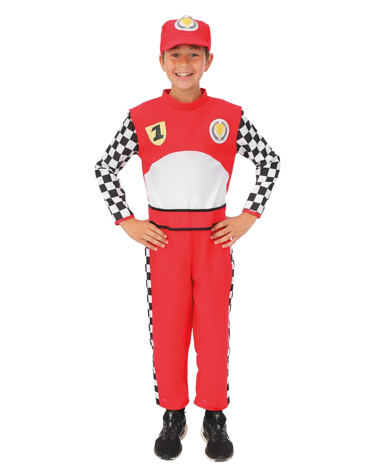 P'TIT CLOWN - Déguisement Pilote de Course F1 Enfant - Costume Pilote de Course - Tenue Race Team - Carnaval, Anniversaire, Cosplay, Halloween, Fête Costumée - Rouge (10/12 ans)