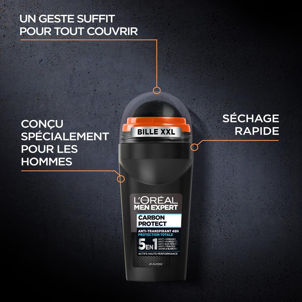 L'Oréal Paris Men Expert - Carbon Protect Ice Fresh - Déodorant Bille Spray Homme Anti-Traces - 50 ml - Lot de 6 – Image 3
