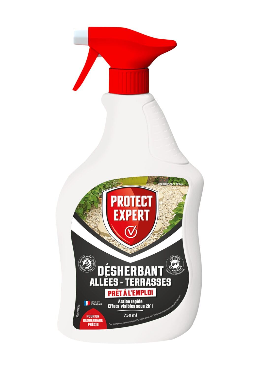 PROTECT EXPERT Pulvérisateur Désherbant - Prêt À L'Emploi - Cours Allées Terrasses - Effets Visibles En 2h - 750ml - Jusqu’à 7,5m² Traités PROCOURPAL750N