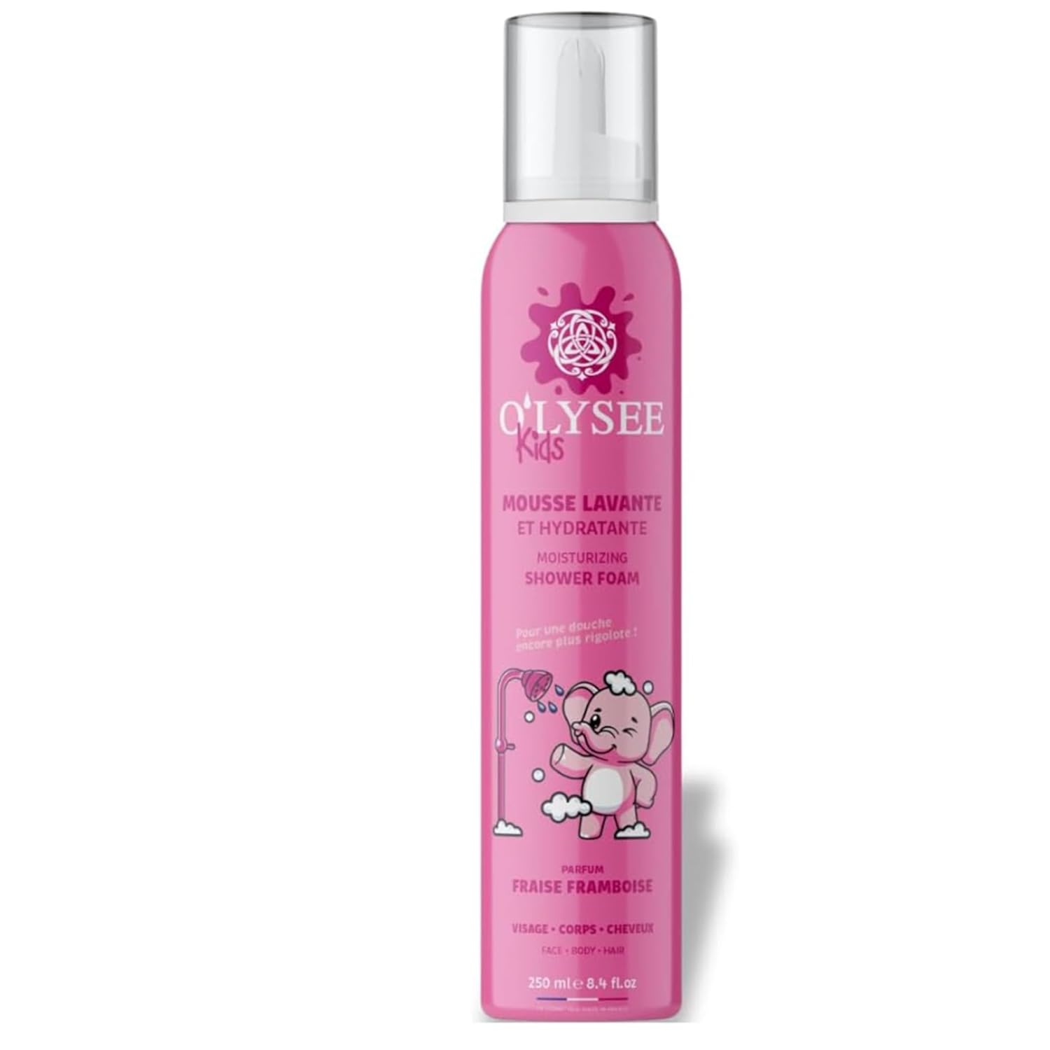 O’LYSÉE Kids –Mousse Lavante Hydratante Visage • Corps • Cheveux – Parfum Pêche-Abricot, Pomme Poire, Fraise Framboise – 250 ml – Fabriqué en France, Formule enrichie & sensorielle (Fraise)