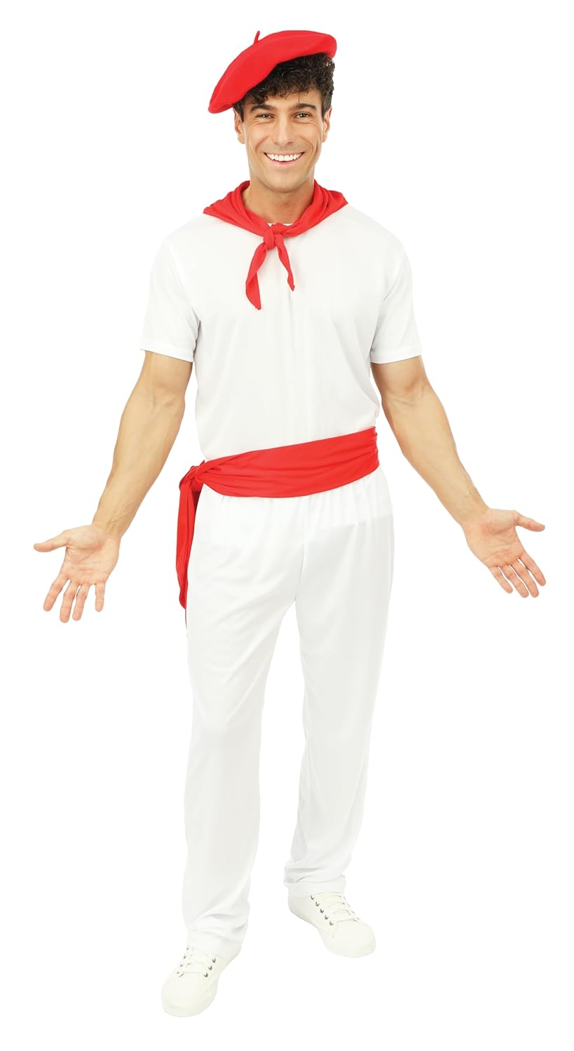 P'TIT CLOWN - Costume Feria Adulte - Béret Basque, T-shirt, Pantalon, Bandana, Ceinture - Déguisement Complet pour Carnaval, Fêtes Costumées et Évènements à Thème - Polyester - Blanc, Rouge (L-XL)