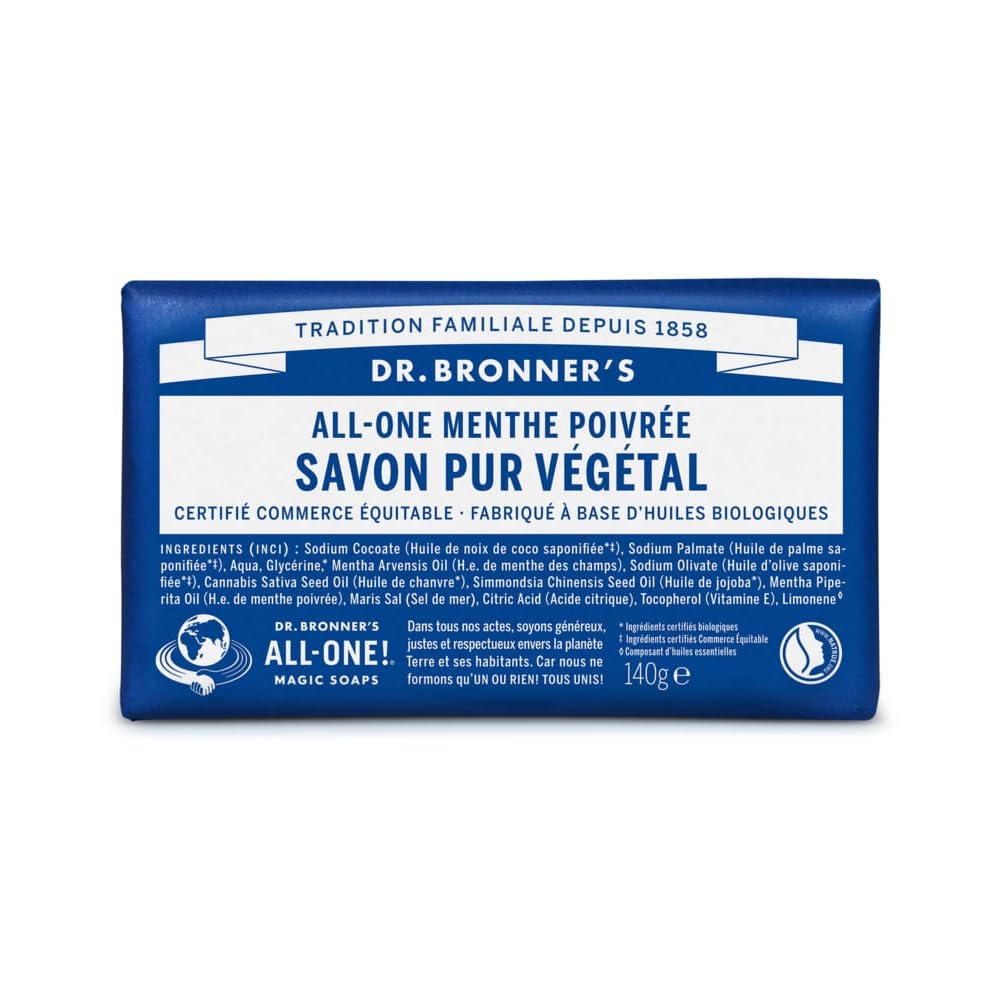 Dr Bronner's Pain de savon senteur menthe poivrée 140 g Savon solide 100% naturel, bio et vegan sans parfum