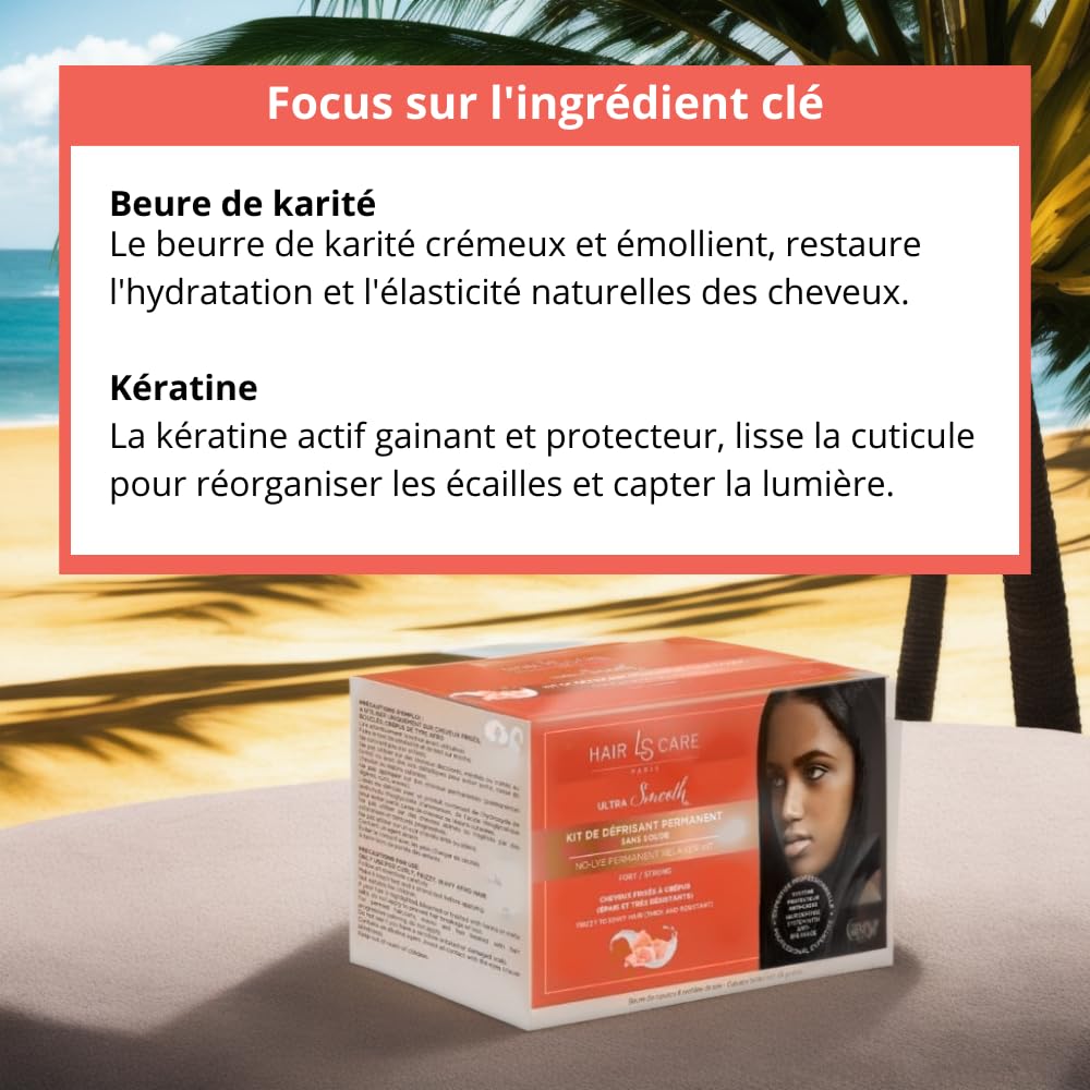 Kit de Défrisage cheveux Afro sans Soude 4 en 1 - Défrisage Cheveux crépus épais et résistants - Au Beurre de Karité et kératine - Crème défrisante + lotion activatrice + shampoing + soin hydratant – Image 3