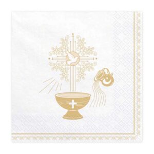 PDL Lot de 20 serviettes de table pour première communion, confirmation, baptême, confirmation, blanc/doré, motif calice colombe