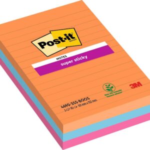 Post-it Notes Autocollantes Super Sticky, Grand Format, Lignées, 3 Blocs, 101 mm x 152 mm, 90 Feuilles par Bloc - Feuillets Super Adhésifs pour Prise de Notes, Listes de Tâches et Rappels