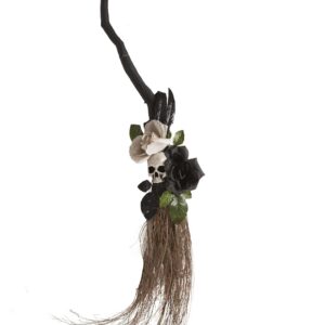 P'TIT CLOWN - Balai Fleuri à Suspendre - 95 CM - Accessoire de Décoration Halloween Magique - Forêt ensorcelée (Gris)