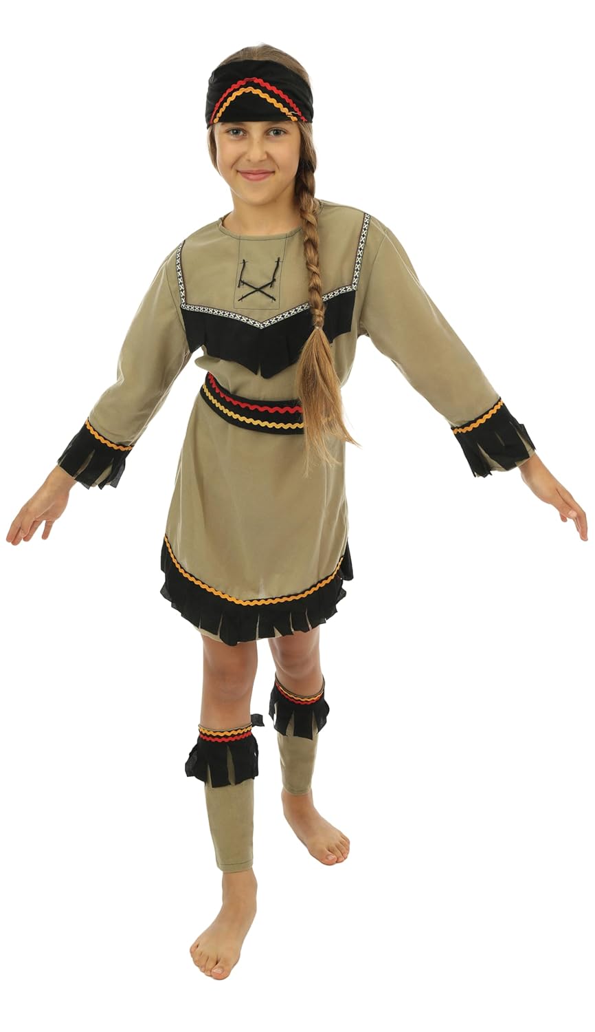P'TIT CLOWN - 81145 - Déguisement Enfant Luxe Indienne - Native American Girl Suit - Costume pour Carnaval, Fêtes et Evènements à Thèmes, Halloween, Soirées Costumées, Anniversaire - Taille 7/9 ans