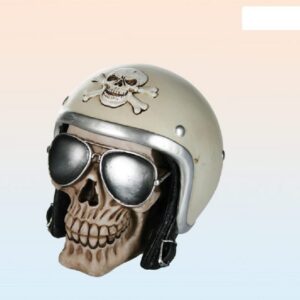 Objet Décoratif - Tirelire en Polyresine/Crâne avec Casque et Lunettes de Soleil/Dimensions : 12 x 13 cm