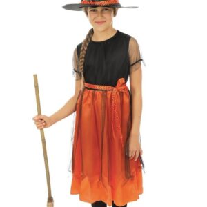 P'TIT CLOWN - Costume Halloween Fille Sorcière - Déguisement pour Enfant - Robe, Chapeau, Ceinture - Cosplay, Carnaval, Fêtes Costumées et Évènements à Thème (Orange, Noir, 7-9 ans)