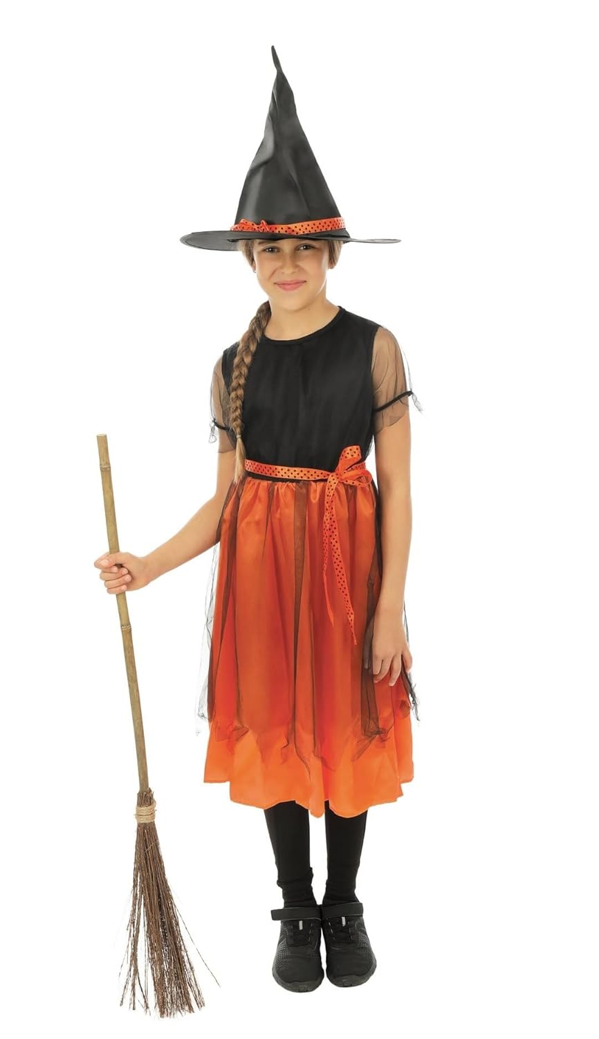 P'TIT CLOWN - Costume Halloween Fille Sorcière - Déguisement pour Enfant - Robe, Chapeau, Ceinture - Cosplay, Carnaval, Fêtes Costumées et Évènements à Thème (Orange, Noir, 5-6 ans)