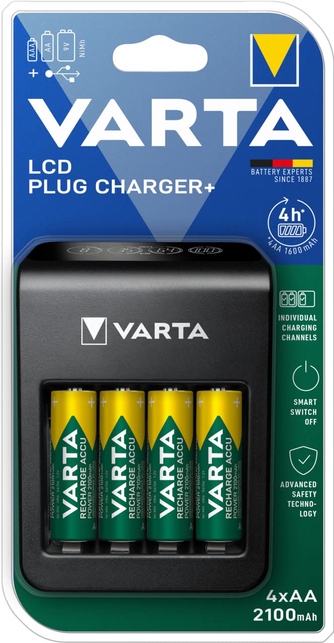 Varta Chargeur Plug pour Batteries Rechargeables AA/AAA 9 V Inclus Port USB/4 Batteries AA 2100 mAh 57687101441