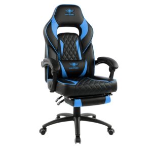 Spirit Of Gamer – Mustang Series – Chaise Gaming - Simili Cuir capitonné – Repose Pieds – Coussin Nuque & Lombaires – Accoudoirs Articulés – Inclinable 135° - Logo Surpiqué (Bleu)