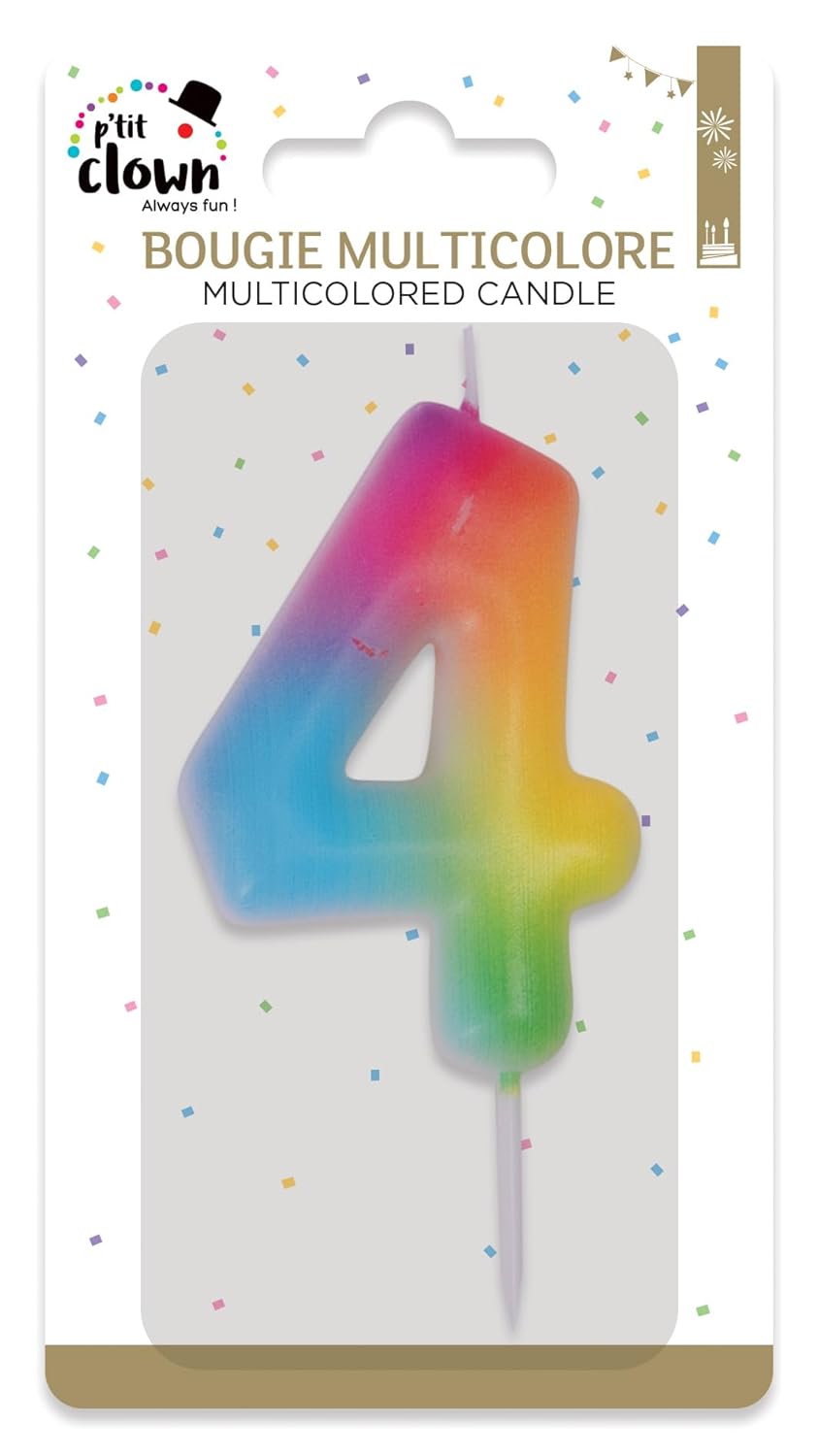 P'TIT CLOWN - Bougie Anniversaire Numérotée - Parfaite pour Décoration Gâteau - Fête Enfant, Adulte, Birthday Party (Multicolore, 4)