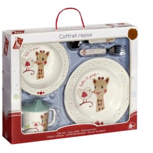 Sophie la Girafe - Coffret cadeau Repas Mélamine - Version oiseau - Lavable en lave-vaisselle - Set pour enfant - assiette + bol + tasse anti-fuite + 2 couverts