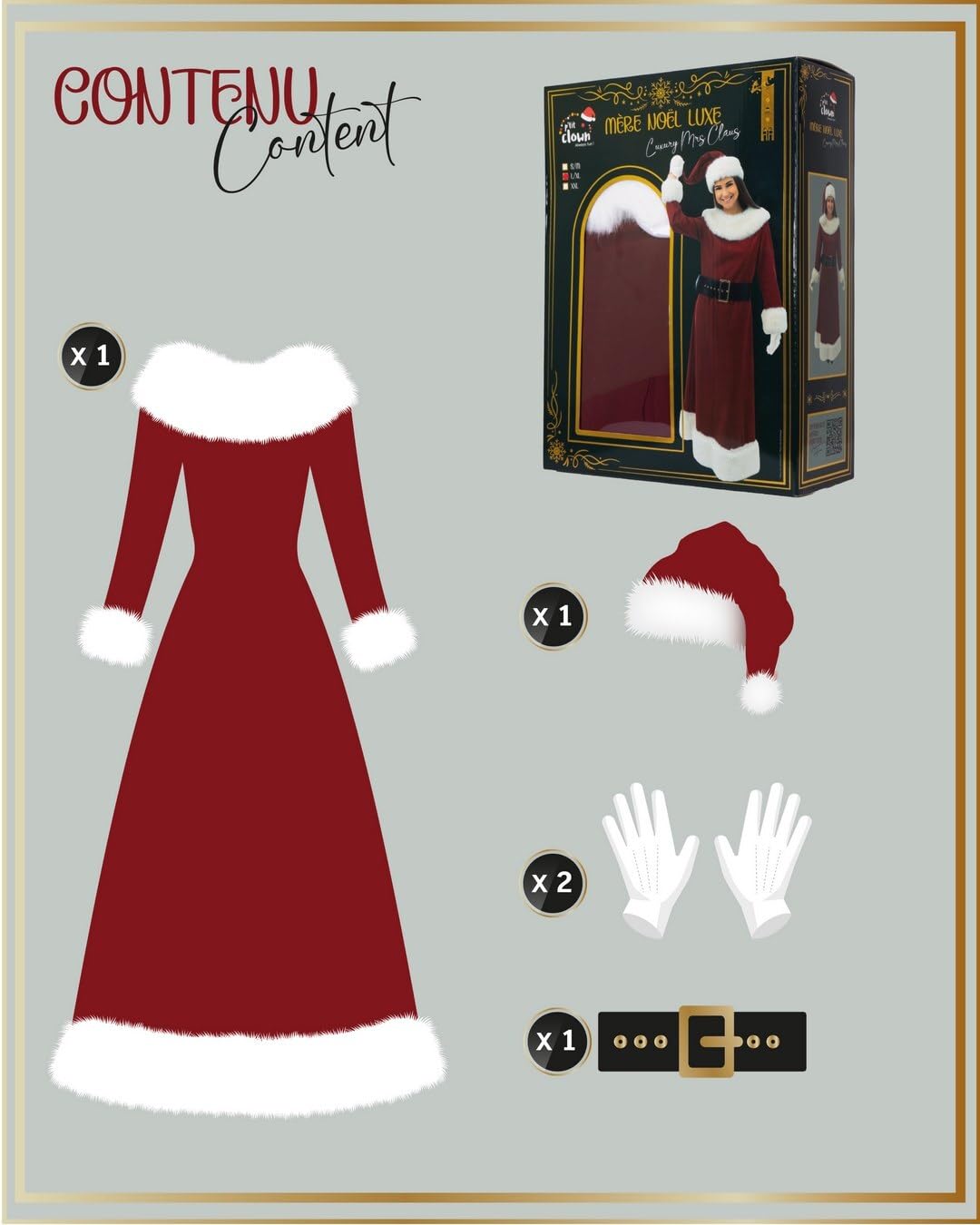 P'TIT CLOWN — Costume de Mère Noël Luxe effet velours XXL – Image 5