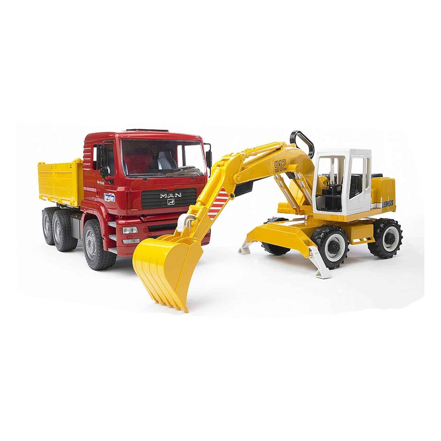bruder 02751 - Man TGA Camion à benne basculante avec pelle Liebherr - 1:16 Véhicule de chantier, chantier, pelle à godet, ouvrier, bworld, engin de chantier, camion, camionnette