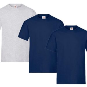 Fruit of the Loom Lot de 3 t-shirts pour homme Taille M (2 x bleu marine, 1 x gris) Avec 1 bloc-notes HL Kauf