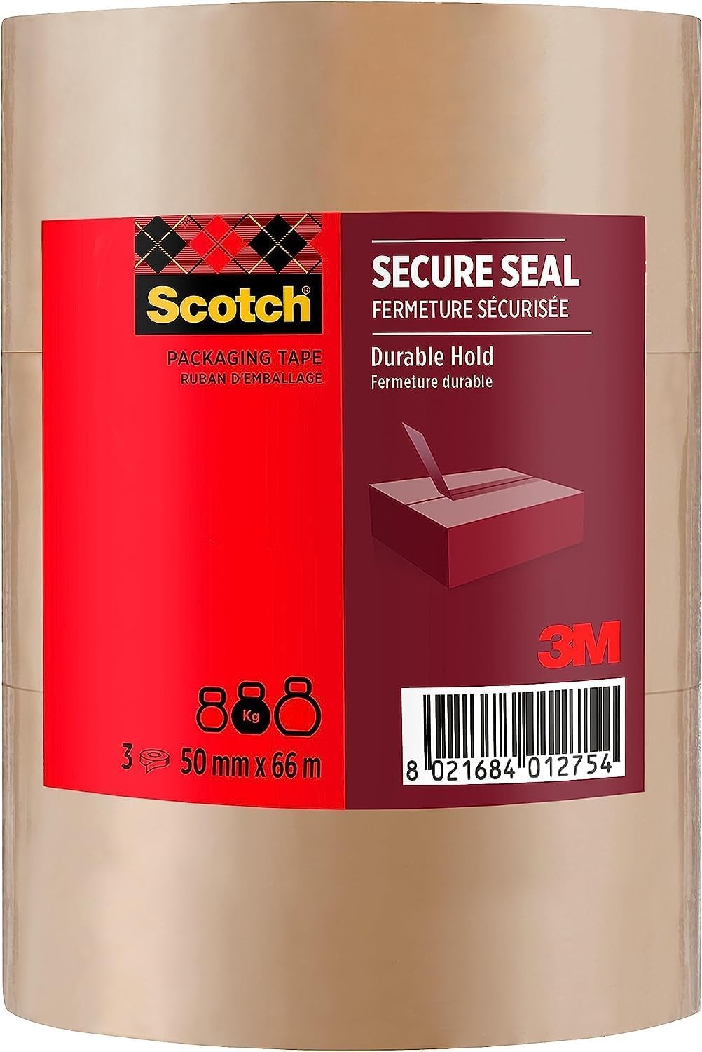 Scotch Ruban Adhésif pour Emballage de Cartons, 3 Rouleaux de Ruban d'Emballage Robuste, 50 mm x 66 m, Marron - Idéal pour la Fermeture de Colis et des Boîtes d'Expédition