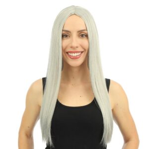 P'TIT CLOWN - 68041 - Perruque Longue Raide Femme - Long Wig - Accessoire de Déguisement pour Carnaval, Fêtes à Thèmes, Soirées Costumées, Cheveux Synthétiques - Adulte - 60 cm - Gris