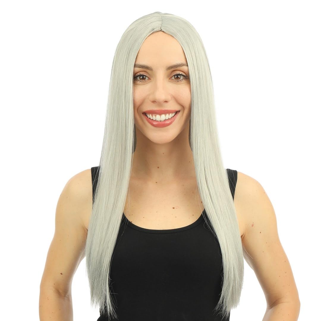 P'TIT CLOWN - 68041 - Perruque Longue Raide Femme - Long Wig - Accessoire de Déguisement pour Carnaval, Fêtes à Thèmes, Soirées Costumées, Cheveux Synthétiques - Adulte - 60 cm - Gris