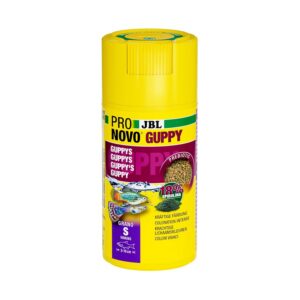 JBL PRONOVO GUPPY GRANO, Aliment de Base pour Guppys et autres Poissons Ovovivipares de 3-10 cm, Granulés pour Poissons, Doseur à clic, taille S, 100 ml