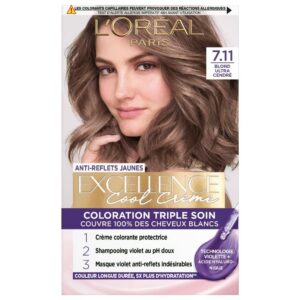 L’ORÉAL PARIS - Coloration Cheveux Permanente Triple Soin - Anti-Reflets Jaunes - Couvre 100% des Cheveux Blancs - Excellence Cool Crème - Nuance : Blond Ultra Cendré (7.11)
