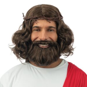 P'tit Clown - 24128 - Perruque et Barbe de Jesus avec Couronne - Cheveux Synthétiques, sans Colle - Accessoire Déguisement Noël, Crèche de Noël, Carnaval, Fête Costumée, Théâtre, Cosplay - Brun