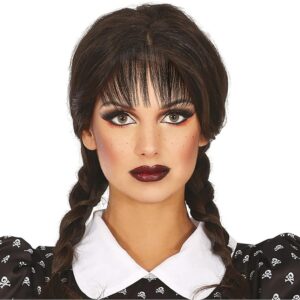 FIESTAS GUIRCA | Perruque Tresses Noires avec Frange pour Femme - Accessoire de Costume pour Halloween et Fêtes à Thème - Idéal pour Événements et Célébrations - Noir