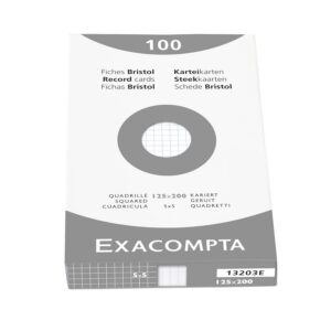 Exacompta - Réf. 13203E - Étui de 100 fiches bristol quadrillées 5x5 non perforées - format 125 x 200 mm - compatibles avec imprimante jet d'encre, laser et photocopieur - couleur blanc