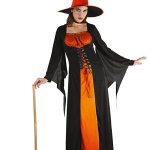 P'tit Clown - 86928 - Déguisement de Sorcière Femme - Noire et Orange - Costume pour Adulte Parfait pour Halloween, Soirée Gothique, Cosplay, Carnaval, Fêtes Costumées - Taille L/XL
