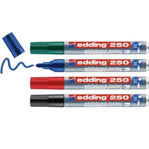 edding 250 Marqueur pour tableaux blancs - multi-couleur - étui de 4 stylos - pointe ronde 1,5-3 mm - feutre effaçable - pour tableaux blanc, magnétique, mémo et chevalet de conférence - rechargeable