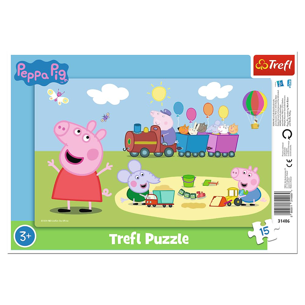 Trefl - Peppa Pig, Jolly Train - Puzzles À Cadre pour Les Tout-Petits, 15 Grandes Pièces, Cadre et Plateau Rigide, avec Les Personnages de Peppa Pig, pour Les Enfants de 3 Ans et Plus