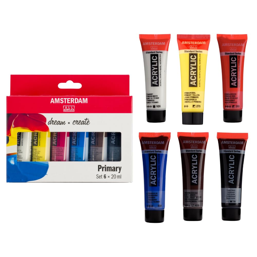 Amsterdam Standard Series Peinture Acrylique | Set de Mélange (6 x 20 ml) | Couleurs Primaires + Noir & Blanc & Terre d’Ombre