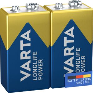 VARTA Piles Bloc 9V, lot de 2, Longlife Power, Alcalines, pour détecteurs de fumée, alarmes incendie, microphones