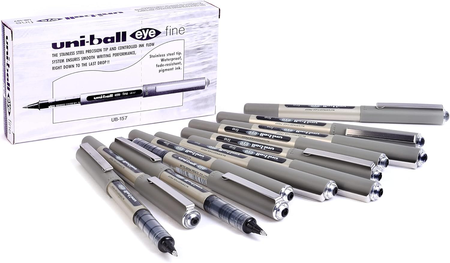 UNI-BALL - Uni Mitsubishi Pencil - 12 Stylos Uni-Ball Eye Fine UB-157 - Stylo Roller Encre Liquide Noire - Pointe 0,7 mm - Écriture Medium