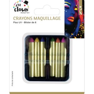 P'TIT CLOWN - 21421 - 6 Crayons Phosphorescent - Maquillage Déguisement - UV Lumineux Néon - Peinture Visage - Make-up - Glow in the Dark - Adulte - Enfant - Halloween, Carnaval, Anniversaire, Cosplay