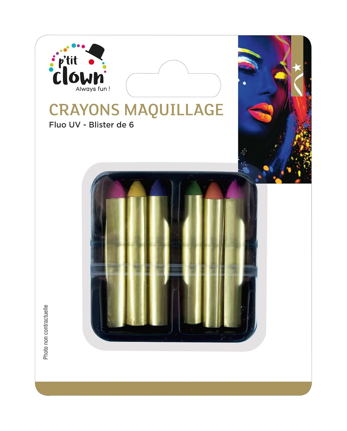 P'TIT CLOWN - 21421 - 6 Crayons Phosphorescent - Maquillage Déguisement - UV Lumineux Néon - Peinture Visage - Make-up - Glow in the Dark - Adulte - Enfant - Halloween, Carnaval, Anniversaire, Cosplay
