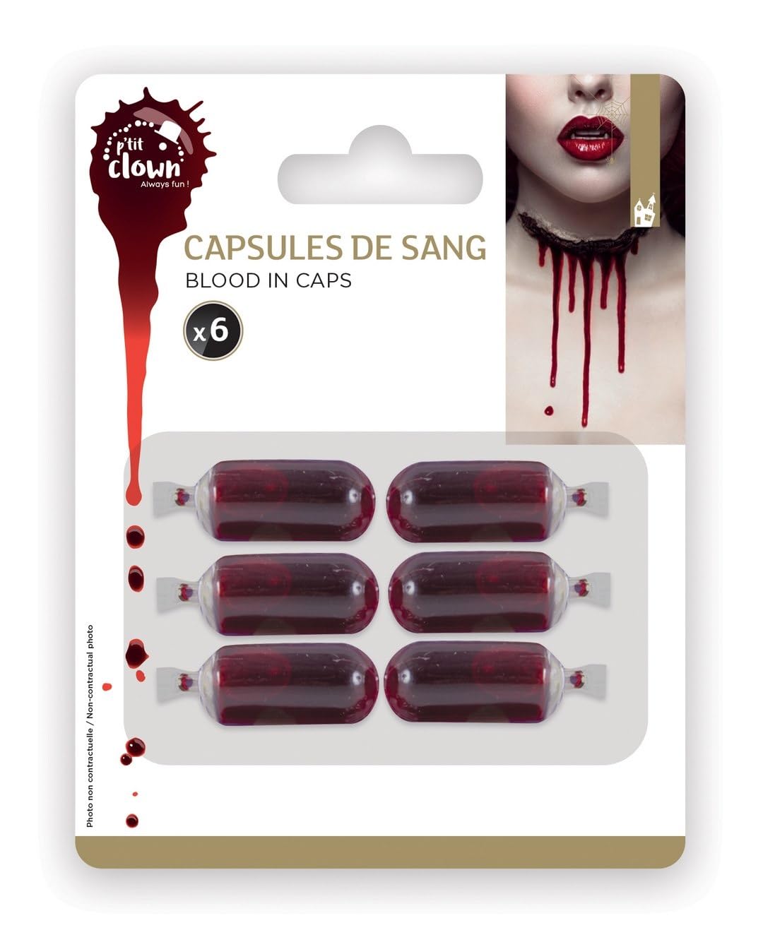 Capsules de Faux Sang Blister de 6 - 1 g - Maquillage Déguisement - Make-up - Sang de Théâtre - Fake Blood - Peinture Visage - Sang de Film - Effet Spécial - Plaies - Halloween - Carnaval - Cosplay