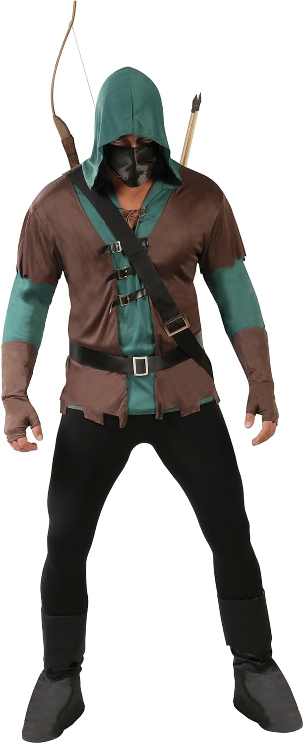 FIESTAS GUIRCA | Costume de Arquero Adulte (52-54/L) - Capuche, Tunique, Ceinture, Couvre-bottes et Masque - Costumes Médiévaux, Bandits et Mousquetaires pour Halloween et Carnaval - Marron et Vert