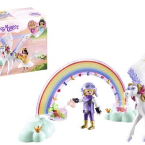 Playmobil 71361 Cheval ailé à décorer, Comprend Une Princesse, Un Chevalier, Un Cheval ailé, Un véritable Peigne, Un Arc-en-Ciel avec boîtes de rangements Gamme Princess Magic pour Enfants dès 4 Ans