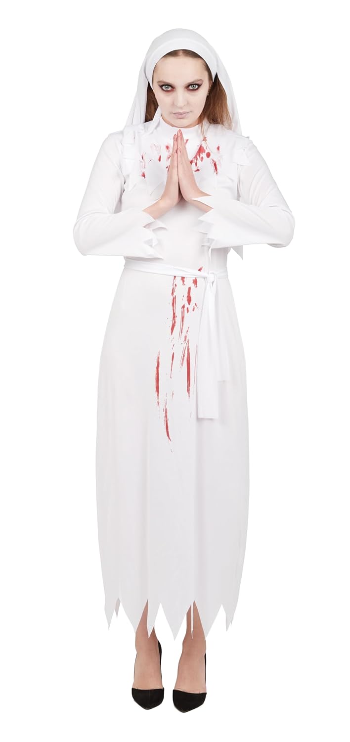 P'TIT CLOWN - Costume Nonne - Déguisement Religieuse Ensanglantée - Robe, Coiffe, Ceinture - Parfait pour Halloween, Fêtes Costumées et Évènements à Thème (Blanc, S-M)