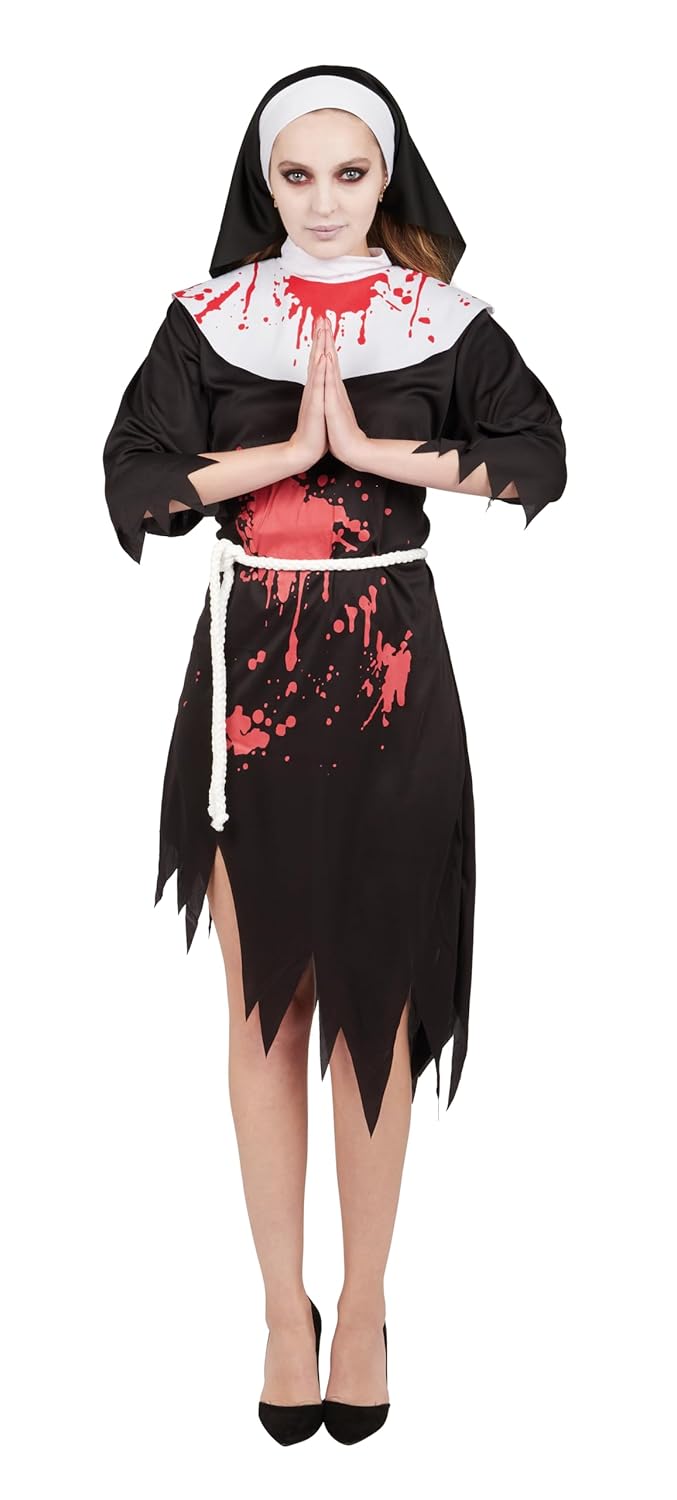P'TIT CLOWN - Costume Nonne - Déguisement Religieuse Ensanglantée - Robe, Coiffe, Ceinture - Parfait pour Halloween, Fêtes Costumées et Évènements à Thème (Noir, L-XL)