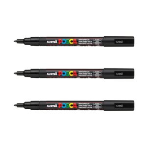 POSCA - Mitsubishi Pencil - 3 Marqueurs Noir PC-3M - Pointe Conique Pointe Fine - Marqueur Peinture à Base d'Eau - Tout Support - Pour Papier, Textile, Verre, Galet, Bois